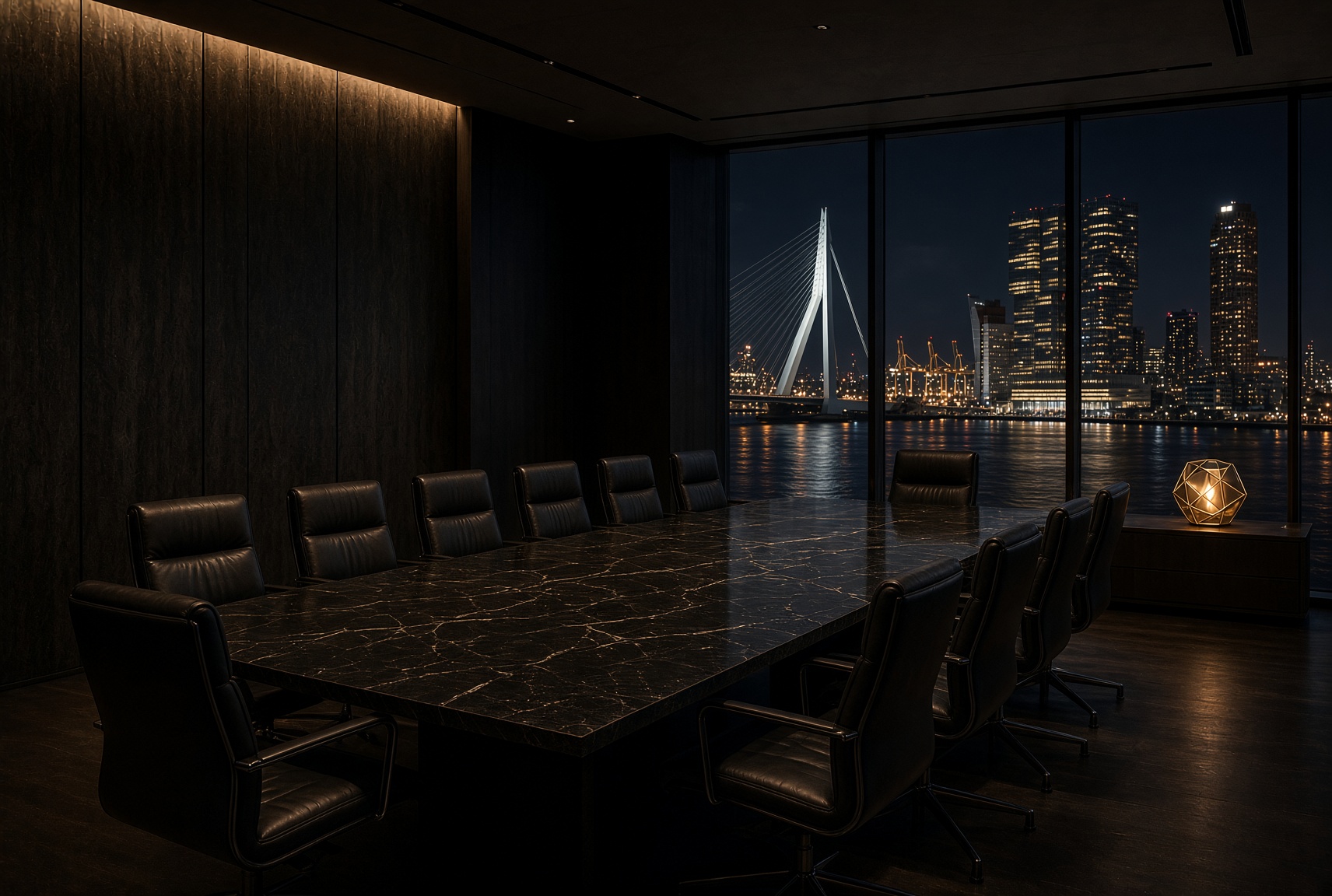 Boardroom met dodecaëder-lamp en Rotterdam